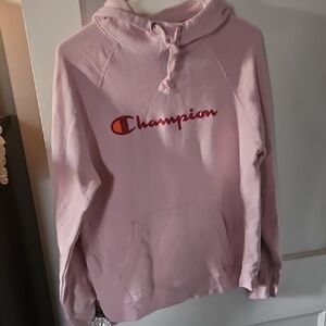 Champion Light Pink Hoodie with Red Logo